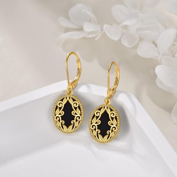 Sterling Silver & 24K Gold Plated Black Onyx Dangle Earrings for Women Girls, El - Picture 3 of 7